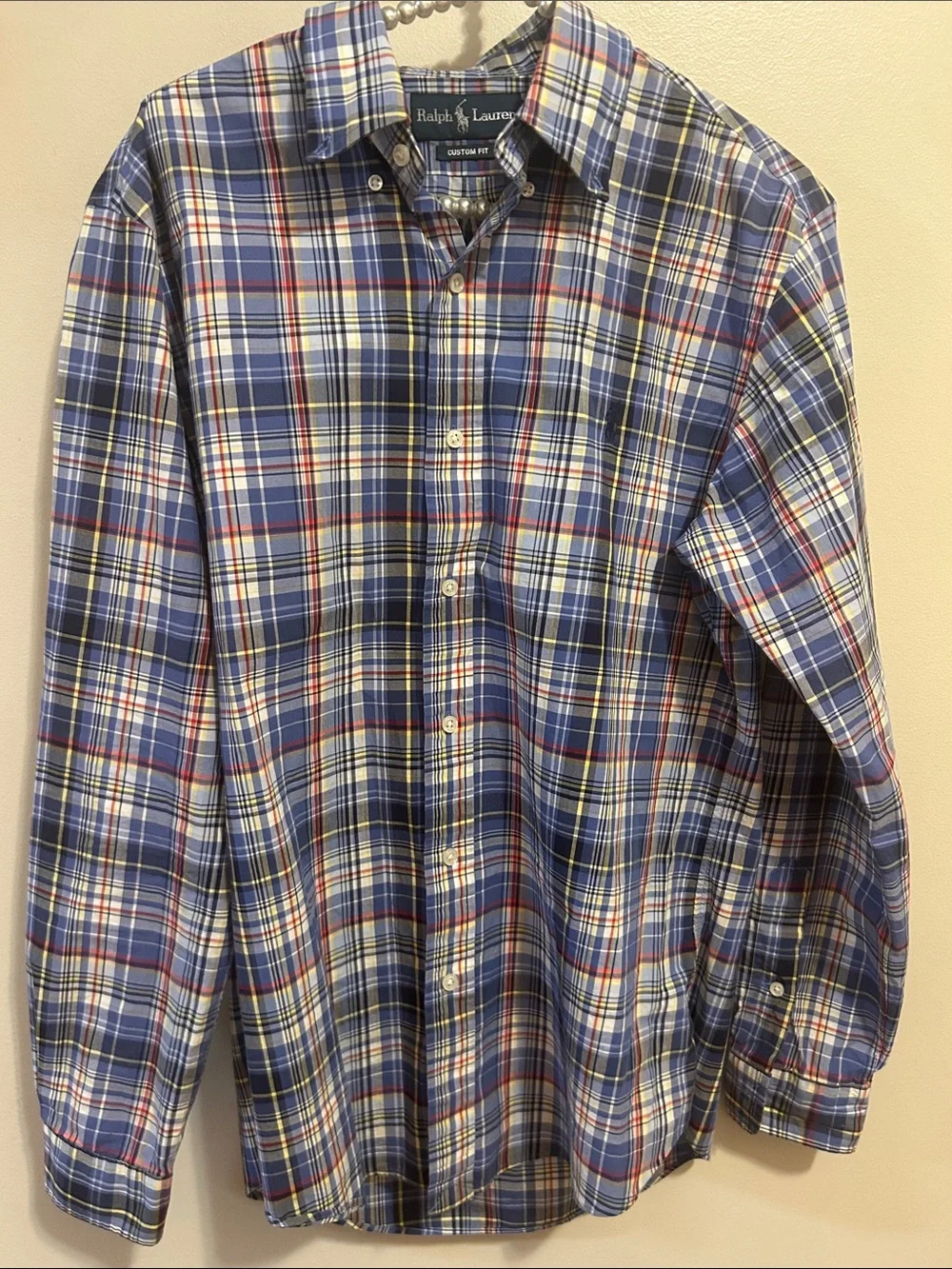 Polo Ralph Lauren Shirt Mens Medium M Plaid Button Down Blue Custom Fit Cotton